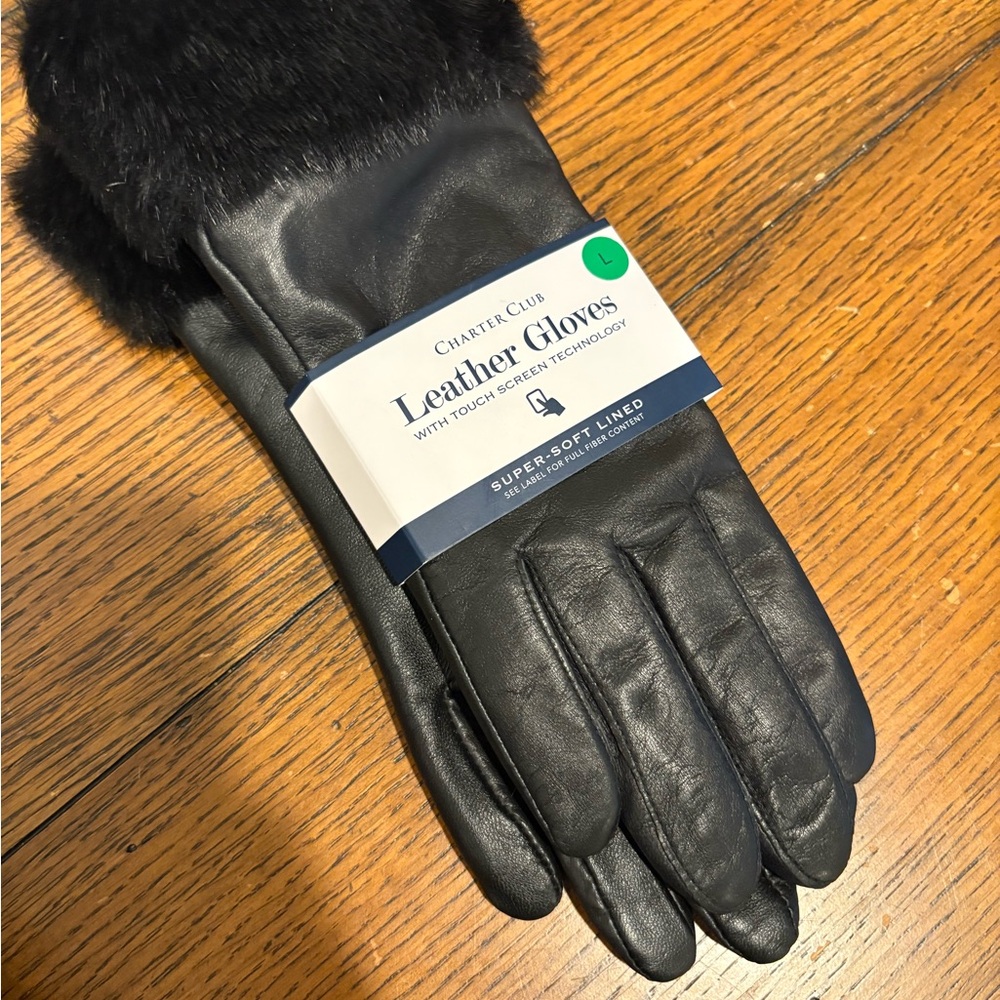 NWT Charter Club Faux Fur-Cuff Leather Tech Gloves - Women's sz L - Picture 2 of 6